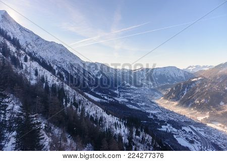 The Mont Blanc and the Valley near Chamonix de Mont Blanc, as seen from the Cable Car to the Aiguille du Midi