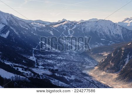 The Mont Blanc and the Valley near Chamonix de Mont Blanc, as seen from the Cable Car to the Aiguille du Midi