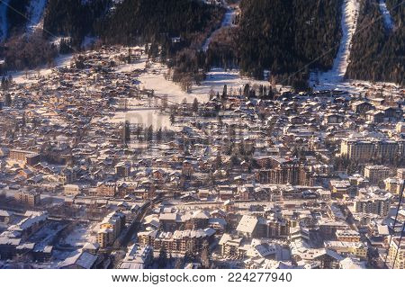 The Mont Blanc and the Valley near Chamonix de Mont Blanc, as seen from the Cable Car to the Aiguille du Midi