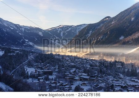 The Mont Blanc and the Valley near Chamonix de Mont Blanc, as seen from the Cable Car to the Aiguille du Midi