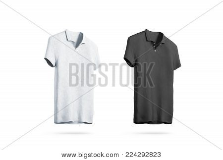 Blank black and white polo shirt mockup isolated, front side view, 3d rendering. Empty sport t-shirt uniform mock up. 