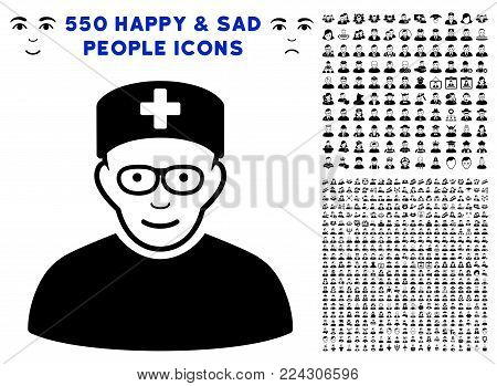 Head Physician icon with 550 bonus pitiful and glad user icons. Vector illustration style is flat black iconic symbols.