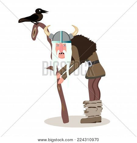 Viking cartoon character. The old gray haired man leaning on his staff. Witch. Black Raven. Vector illustration. Flat style.