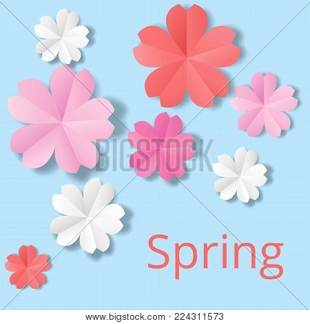 Paper flowers on blue background in origami stale