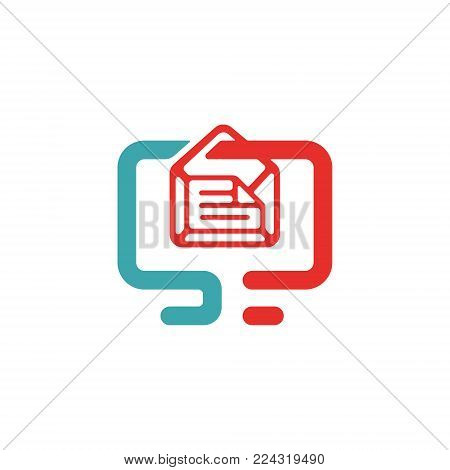 Vector illustration of document file mail icon. File icon on pc laptop. Open document in message icon. File icom on red and blue pc screen.
