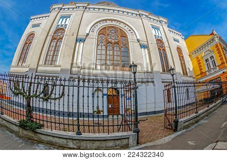 ORADEA, ROMANIA - JANUARY 27, 2018: Exterior of the Neolog Synagogue Zion. Built between 1877-1878 in neo-maorical style with 1000 seats, ist the biggest of Romania and nr.3 in Europe.