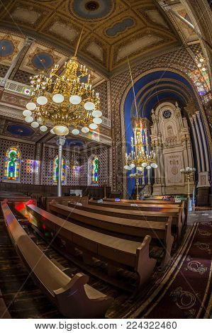 ORADEA, ROMANIA - JANUARY 27, 2018: Inside of the Orthodox Synagogue. It was built in 1890 after the plans of Knapp Ferencz in neo-maorical style.