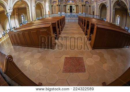 ORADEA, ROMANIA - JANUARY 27, 2018: Inside of the Neolog Synagogue Zion. Built between 1877-1878 in neo-maorical style with 1000 seats, ist the biggest of Romania and nr.3 in Europe.