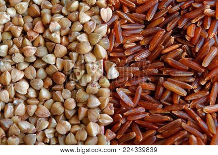 Brown Rice and buckwheat grain texture, background for web site or mobile devices