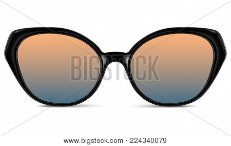 Realistic sunglasses with blue orange gradient lens and black plastic frame. Vector 3D illustration