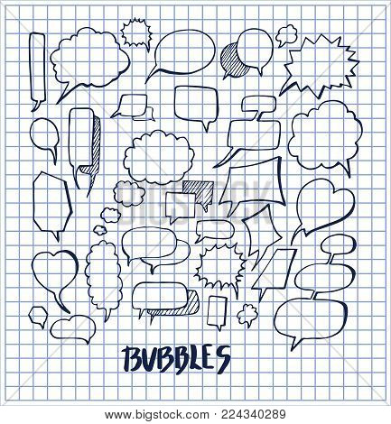 Set of hand drawn bubbles vector illustration with various oval heart rectangular rhombic and acute-angled templates of speech bulb isolated on white