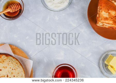 Traditional Ukrainian or Russian pancakes. Shrovetide Maslenitsa. Traditional dishes on the holiday Carnival Maslenitsa Shrovetide