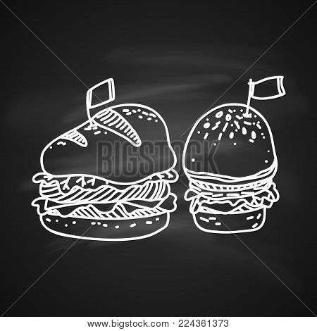 Sketch Illustration of Big Hamburger or Cheeseburger with Flag. Hand Drawn Icon on Blackboard
