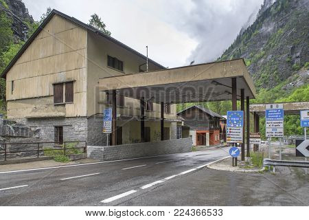 Simplon Pass, Switzerland - May 2017: At Swiss - Italian Border
