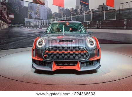 FRANKFURT, GERMANY - SEP 17, 2017: Mini John Cooper Works GP concept 0059 at IAA Auto Show, front view