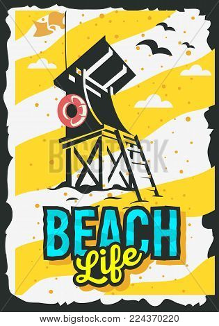 Beach Summer  Poster Design With Beach Lifeguard Rescue Tower  Illustration. Vector Graphic.