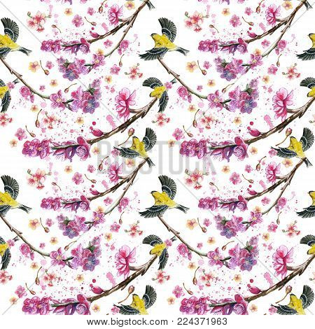 watercolor drawing seamless pattern on the theme of spring, heat, illustration of a bird of a sparrow-like fleet of Orioles flying, with open wings, feathers, with yellow plumage, hyperrealism