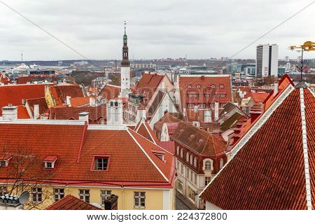 Aerial view on the old town with main central steet in Tallinn, Estonia