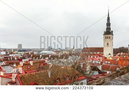 Aerial view on the old town with main central steet in Tallinn, Estonia
