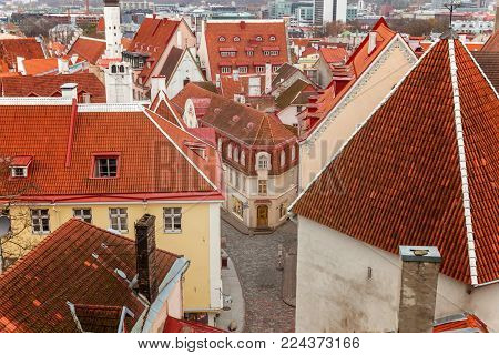 Aerial view on the old town with main central steet in Tallinn, Estonia