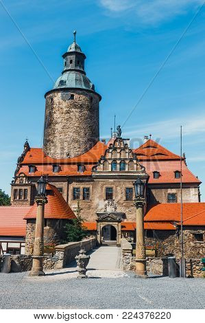 Czocha castle on blue sky in the background, Poland
