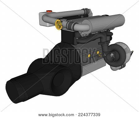 A turbocharged four-cylinder, high-performance engine for a sports car. Vector color illustration with strokes of contours of details