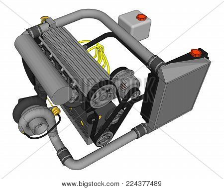 A turbocharged four-cylinder, high-performance engine for a sports car. Vector color illustration with strokes of contours of details