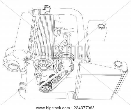 A turbocharged four-cylinder, high-performance engine for a sports car. Vector black and white illustration with a stroke of contours of details