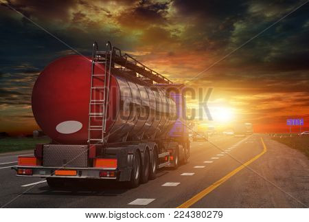 tanker on the big highway, at sunset on the road Working visit