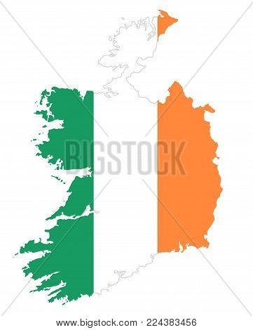 Republic of Ireland flag in country silhouette. Landmass and borders as outline, within the banner of the nation in colors green, white and orange. Isolated illustration on white background. Vector.