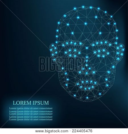 Illustration of human face consisting of polygons, dots and lines, isolated on futurustic blue background. Lines connected to points, symbolizing the meaning of artificial intelligence.