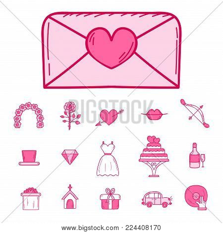 Wedding outline icons vector illustration. Married celebration music groom invitation elements. Wedding ceremony engagement collection.