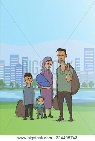 Family homeless or refugees, a man and a woman with children in the big city. Vector illustration with copy space.