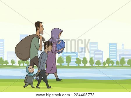 Family homeless or refugees, a man and a woman with children in the big city. Vector illustration with copy space.