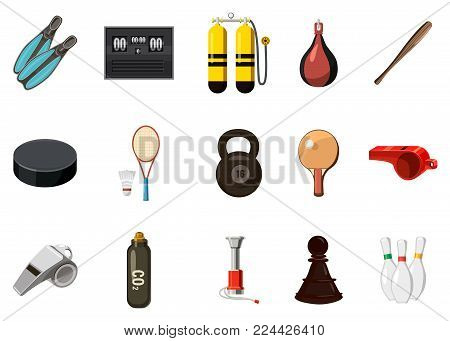Sport equipment icon set. Cartoon set of sport equipment vector icons for web design isolated on white background