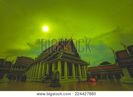 Building vihan buddhist temple of Wat Saket (Golden mount temple).  The tourist destination in Bangkok Thailand.