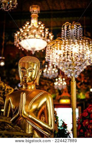 buddha statue,Building vihan buddhist temple of Wat Saket (Golden mount temple).  The tourist destination in Bangkok Thailand.