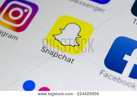 Sankt-Petersburg, Russia, January 31, 2018: Snapchat application icon on Apple iPhone 8 smartphone screen close-up. Snapchat app icon. Snapchat is an online social networking service .