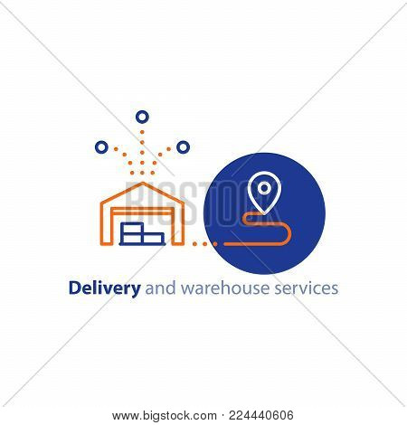 Wholesale warehouse distribution center concept, delivery chain solution and transportation services logo elements, shipping multiple order line icon, combined parcel outline vector