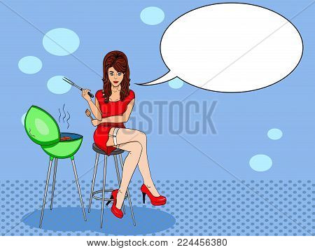 Sexy girl cook. Pose on a chair. Legs crossed. Style comics. Vector illustration of pop art. Barbecue or barbeque informally BBQ or barby. Says a bubble for text