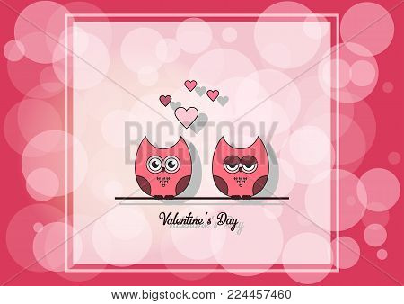 love Invitation card Valentine's day abstract background, paper cut mini heart, cut owls, loving owls, pastel shades, glare . Vector illustration.