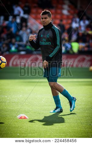 VALENCIA, SPAIN - JANUARY 27: Casemiro during Spanish La Liga match between Valencia CF and Real Madrid at Mestalla Stadium on January 27, 2018 in Valencia, Spain