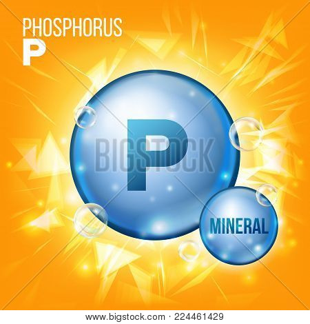 P Phosphorus Vector. Mineral Blue Pill Icon. Vitamin Capsule Pill Icon. Substance For Beauty, Cosmetic, Heath Promo Ads Design. Mineral Complex With Chemical Formula. Illustration