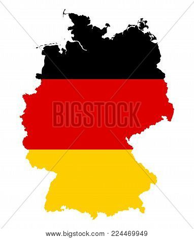 Federal Republic of Germany. Flag in silhouette of the country. Landmass and borders as outline. Colors of the nation. Black, red and yellow stripes. Isolated. Illustration on white background. Vector