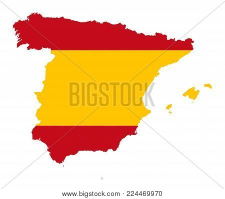 Kingdom of Spain. Flag in silhouette of the country. Landmass and borders as outline. The colors of the nation. Banner with red and yellow stripes. Isolated. Illustration on white background. Vector.