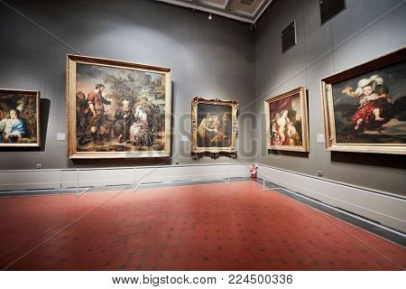 MOSCOW, RUSSIA - NOV 3, 2017: Room of Rembrandt and his School in the Museum of Fine Arts named by A.S.Pushkin. Rembrandt was the greatest figure in European art of the 17th century.