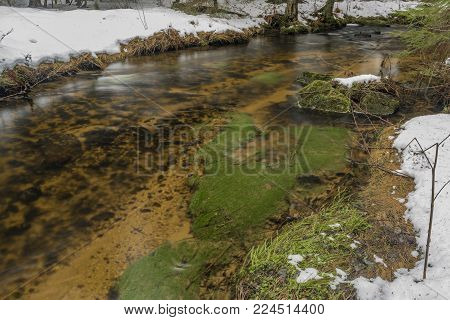 Mensi Vltavice River In Snow Winter Cold Day Near Vyssi Brod Town
