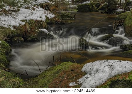 Mensi Vltavice River In Snow Winter Cold Day Near Vyssi Brod Town