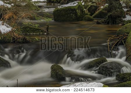 Mensi Vltavice River In Snow Winter Cold Day Near Vyssi Brod Town