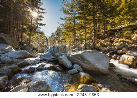 Waterfalls And Boulders At Restonica In The Mountains Of Corsica